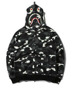 Bathing Ape Black and White Luminous Shark Coat High Quality Looped Fabric Hooded Shark Sweater